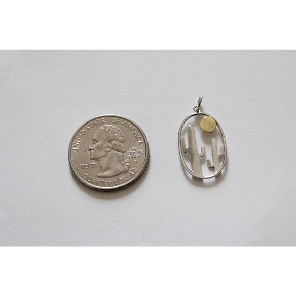 Sterling Silver Oval Cactus Pendant with Bronze Sun, Desert Cactus Charm - Picture 3 of 5